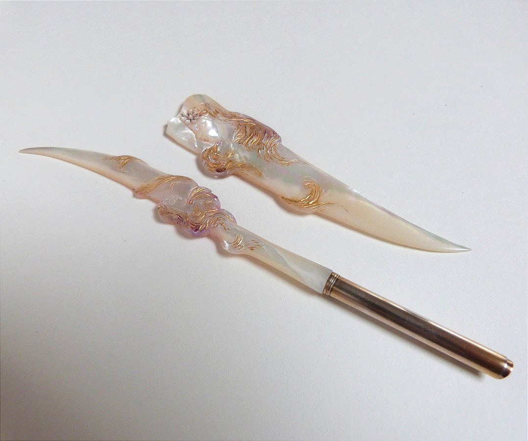 Art Nouveau Paper Cutter And Pen Holder In Mother-of-pearl And Solid Silver -photo-4