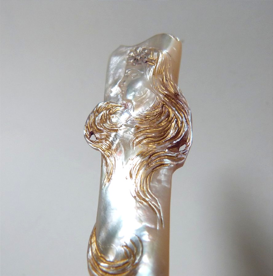 Art Nouveau Paper Cutter And Pen Holder In Mother-of-pearl And Solid Silver -photo-3