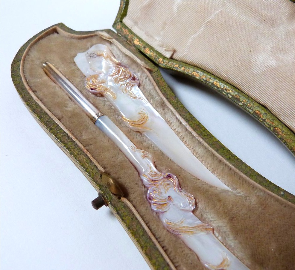 Art Nouveau Paper Cutter And Pen Holder In Mother-of-pearl And Solid Silver 