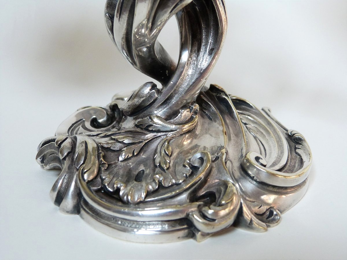 Small Silver-plated Bronze Candelabrum In The 19th-century Louis XV Rocaille Style -photo-2