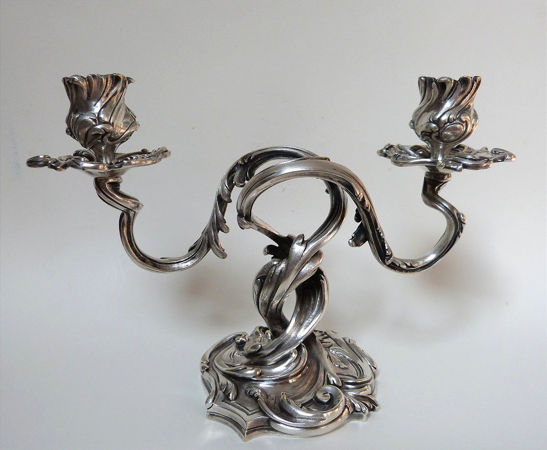 Small Silver-plated Bronze Candelabrum In The 19th-century Louis XV Rocaille Style -photo-1