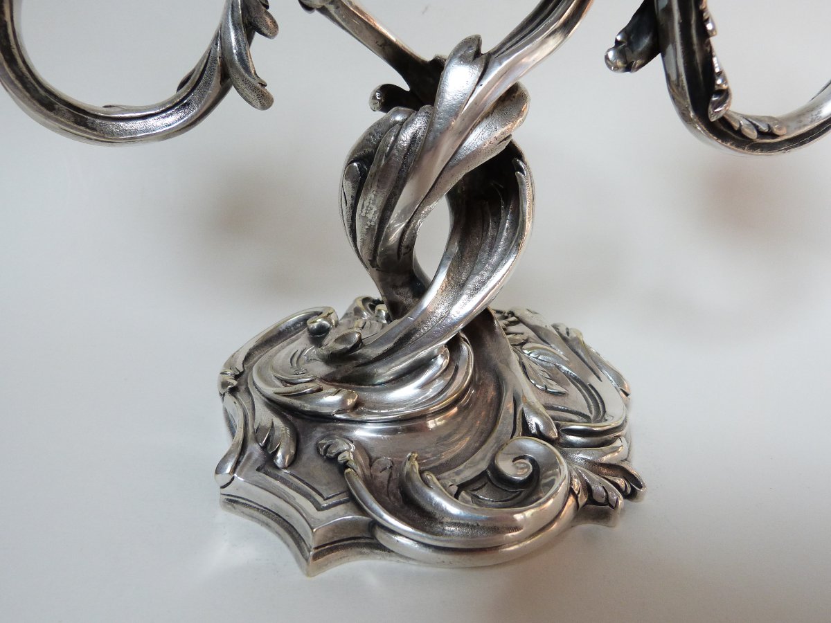 Small Silver-plated Bronze Candelabrum In The 19th-century Louis XV Rocaille Style -photo-2