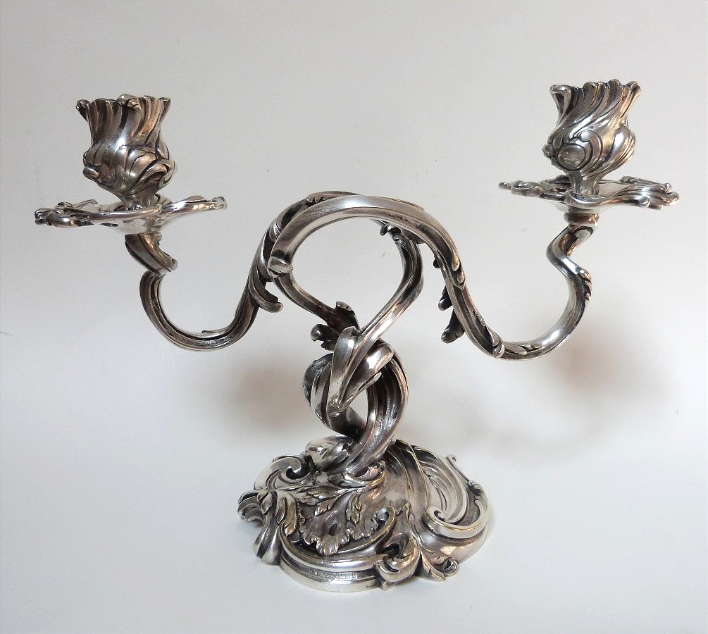 Small Silver-plated Bronze Candelabrum In The 19th-century Louis XV Rocaille Style 
