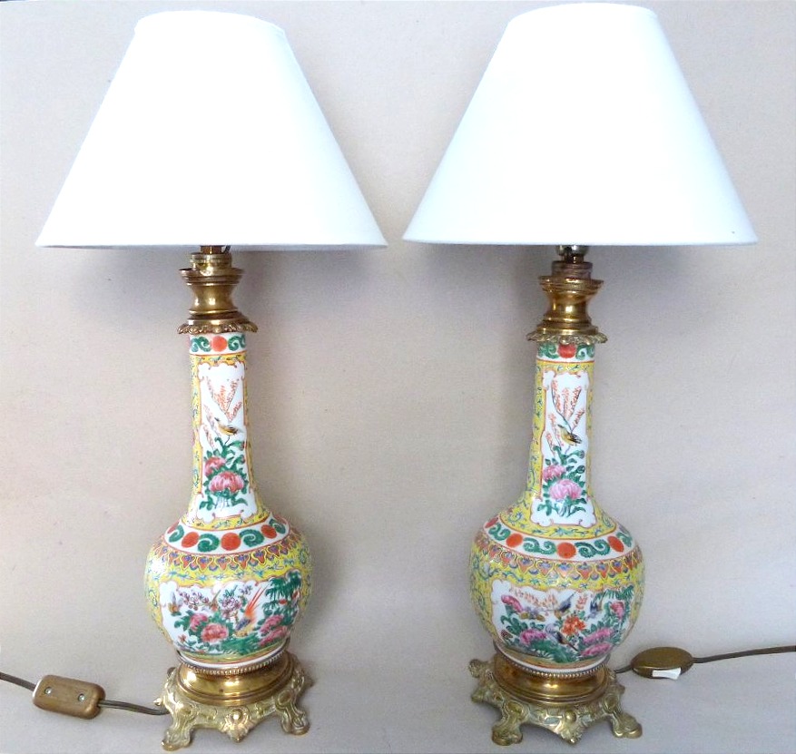 Canton, 19th-century Pair Of Vases Converted Into Lamps 