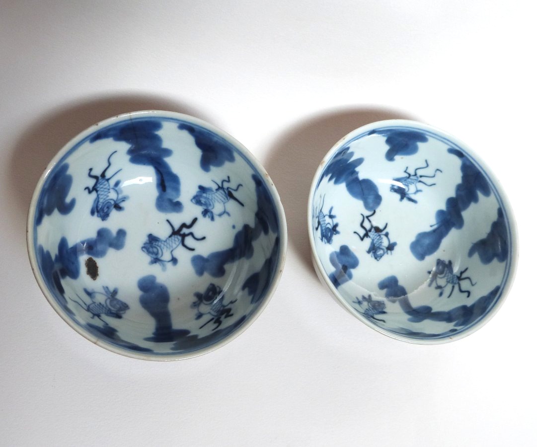 Chine XVIIIeme paire de bols capucin à décor de carpes -photo-2