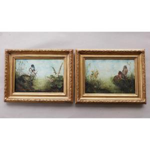 Paire d'Huiles Sur Toile Tableaux XIXeme Printemps Couple d'Oiseaux Au Nid Cadres Dorés