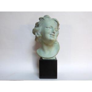 Art Deco Terracotta Bust With Green Patina After François Rude Smiling Child