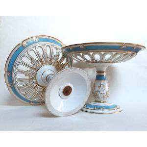 Rare Paire De Coupes Porcelaine De Paris Eugène Rousseau Bleu Céleste Et Or 