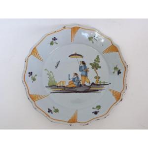 Nevers Earthenware Plate Signed 18th Century Chinese Decor