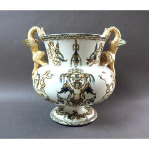 Gien Cache Pot Planter Barbotine 19th Century Model With Chimeras Italian Renaissance