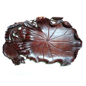 Carved Wood Tray Japan 19th Century Lotus Leaf And Frog 