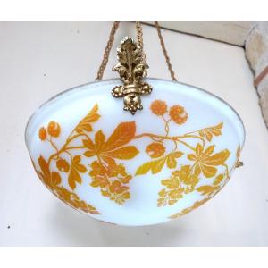 Suspension Chandelier With Basin Early 20th Century In Acid-clear Glass Art Nouveau Flower Decor 