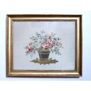 Embroidery On Silk Restoration Period 19th Century Original Golden Frame Basket Of Flowers 