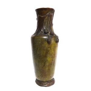 Albert Marionnet Vase Art Nouveau En Bronze Décor Platane Rare Patine Verte