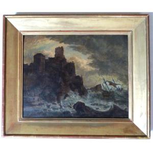 Storm Scene Painting On Panel 18th Century Marine Shipwreck