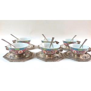 6 Chinese Porcelain And Sterling Silver Tea Cups Indochina Vietnam