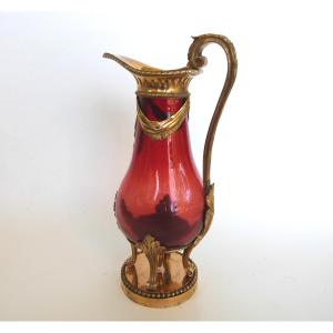 Small Ewer Cruet In Chiseled Gilt Bronze And Blown Glass, 18th Century 