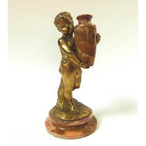 Louis Kley sculpture en bronze doré et marbre fin du XIXeme  enfant au vase