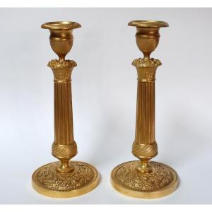 Pair Of Mercury-gilt Bronze Candlesticks From The Late Empire/early Restoration Period 