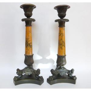 Paire de chandeliers en bronze et marbre XIXeme