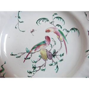 Moustiers Ferrat assiette en faïence XVIIIe décor aux perroquets 2 signée