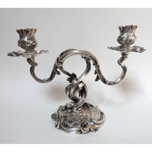 Small Silver-plated Bronze Candelabrum In The 19th-century Louis XV Rocaille Style 
