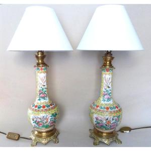 Canton, 19th-century Pair Of Vases Converted Into Lamps