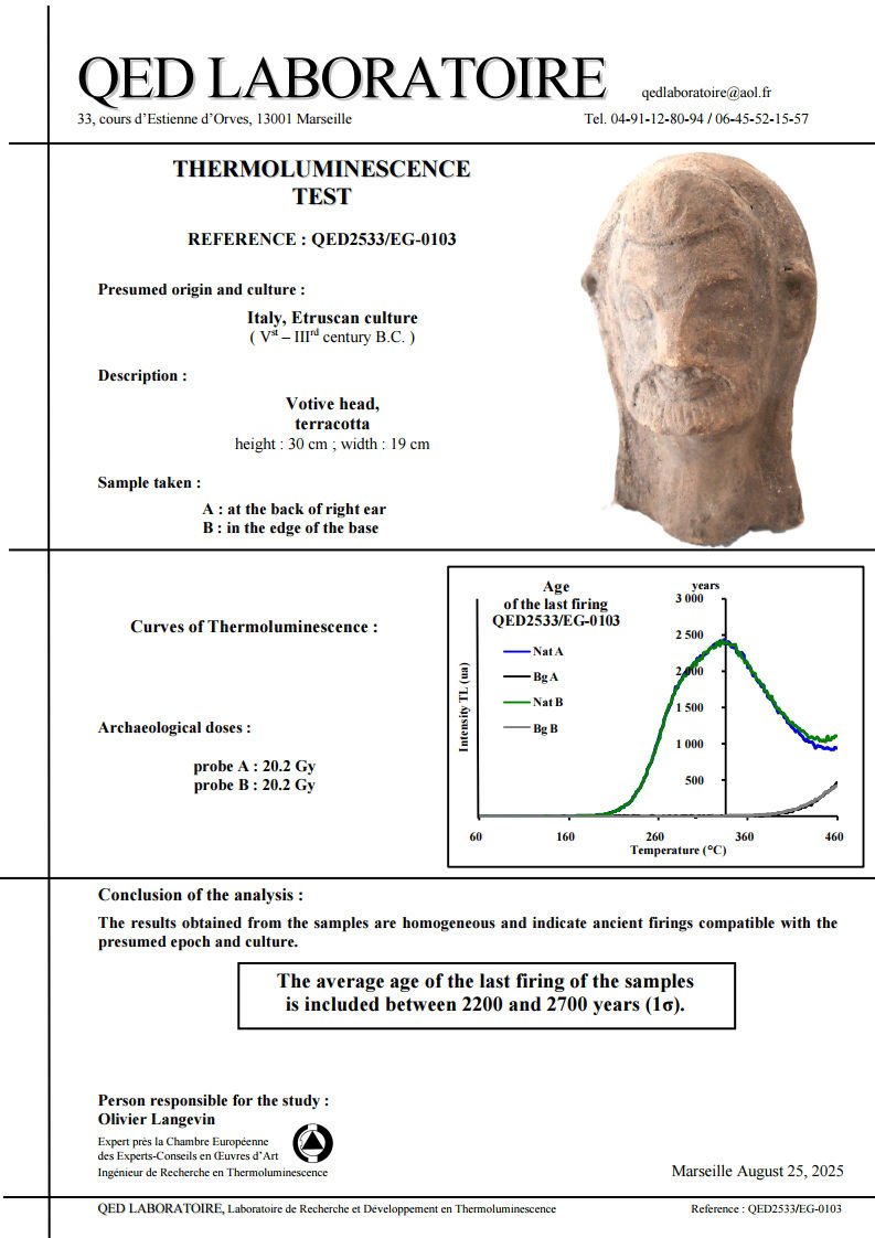 Tête votive étrusque en terre cuite creuse — certificat + test QED + expertise-photo-1
