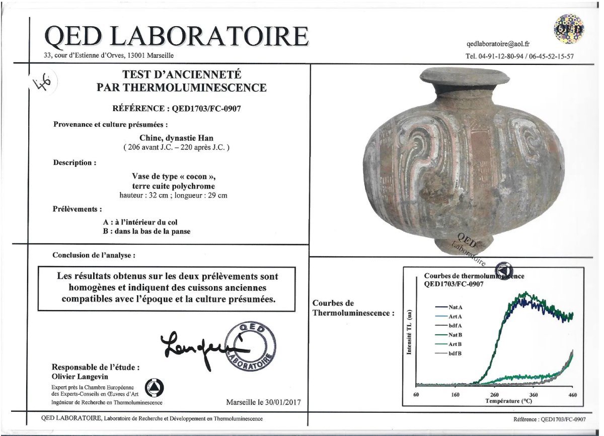 Jarre funéraire chinoise en forme de cocon avec test de thermoluminescence (TL)-photo-5