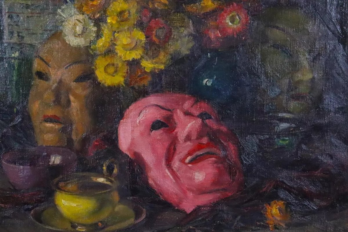 Still Life With Masks And Lanterns Oil Painting Signed Otto Keitel (1894-1965)-photo-2