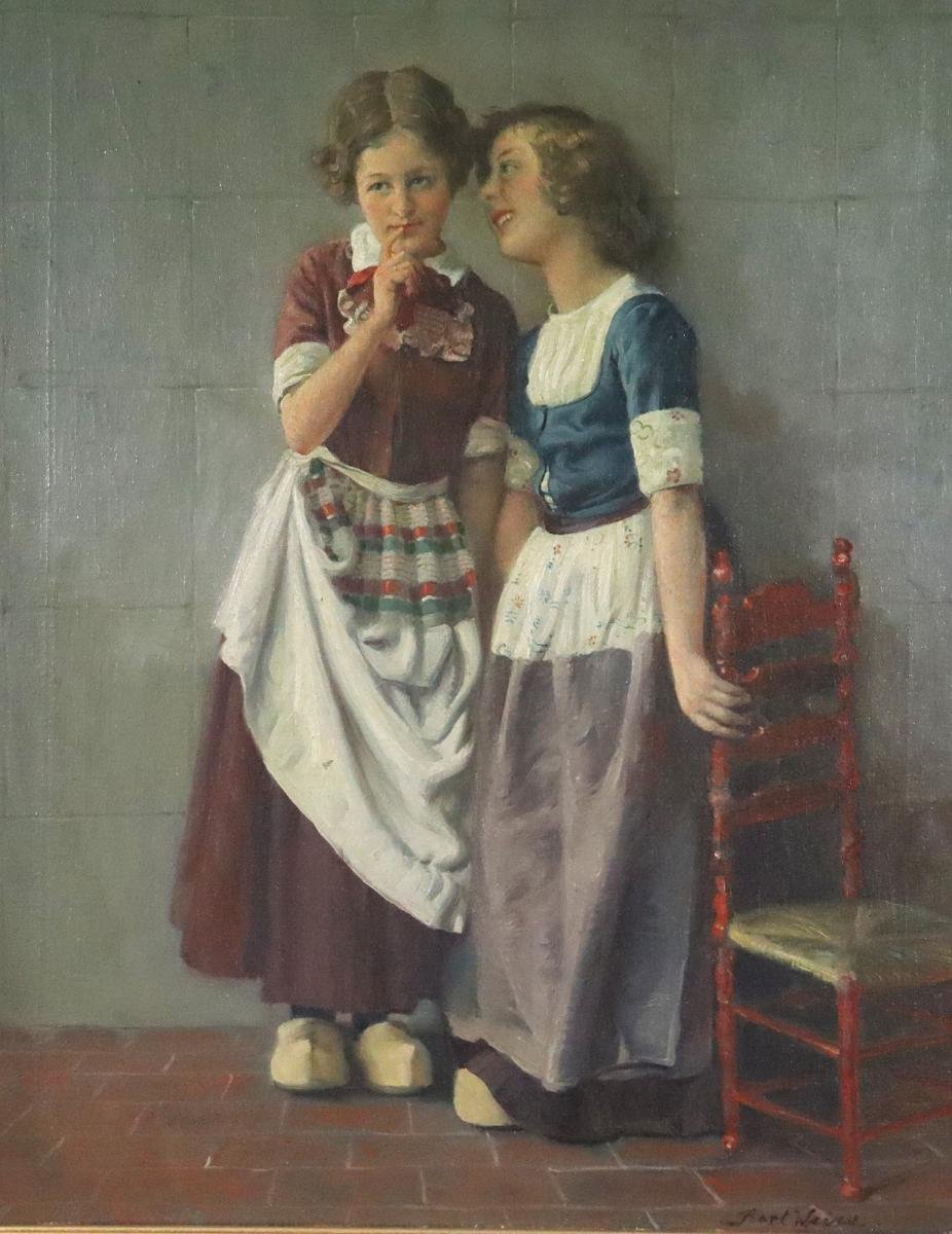 Le Petit Secret Peinture à l'Huile Signée Karl Weise (1890-1947)-photo-2