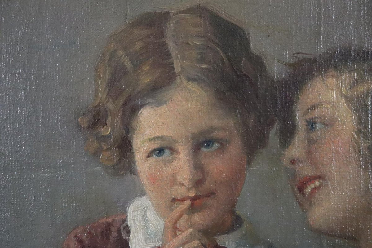 Le Petit Secret Peinture à l'Huile Signée Karl Weise (1890-1947)-photo-1