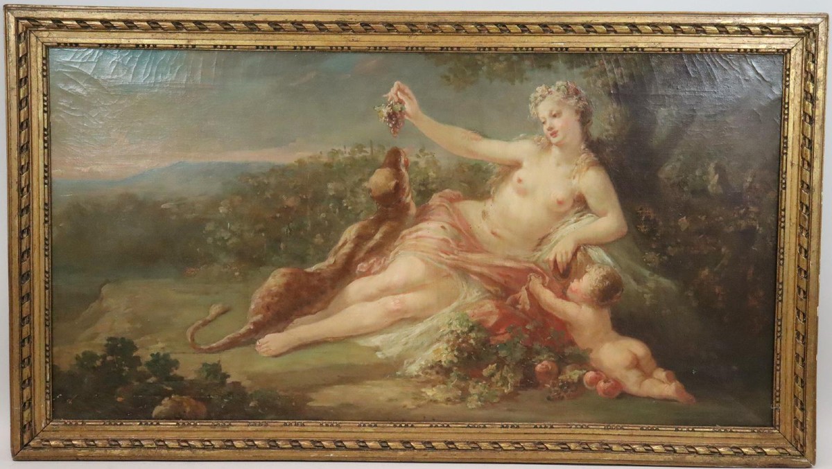 Nymph With Leopard Art Nouveau Unsigned Oil Painting France Circa 1890