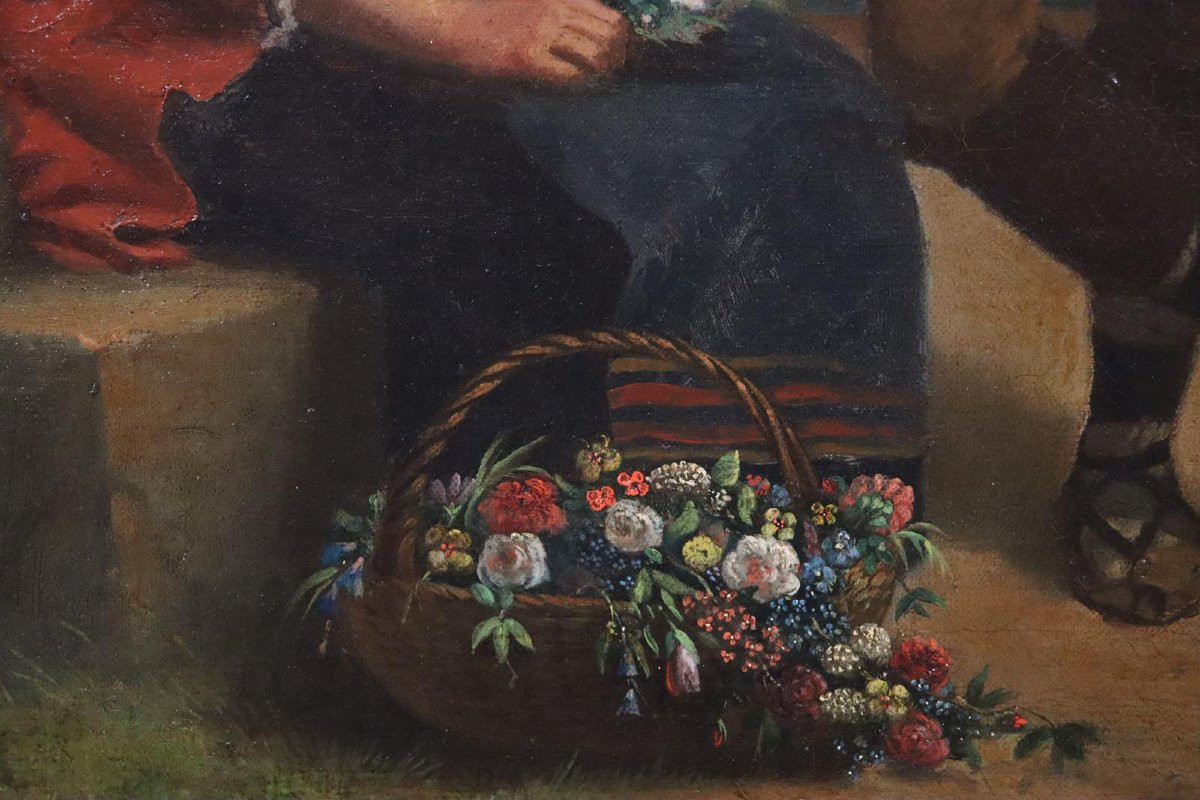 La Servante Aux Fleurs Et Son Mari 83x75cm Peinture Biedermeier Non Signée Vers 1830/40-photo-4