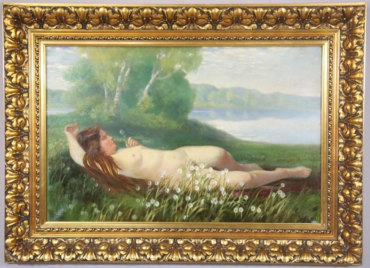 "printemps" Art Nouveau 129x94cm Peinture à l'Huile Signée Theodor Wilhelm Schäkel (*1870)