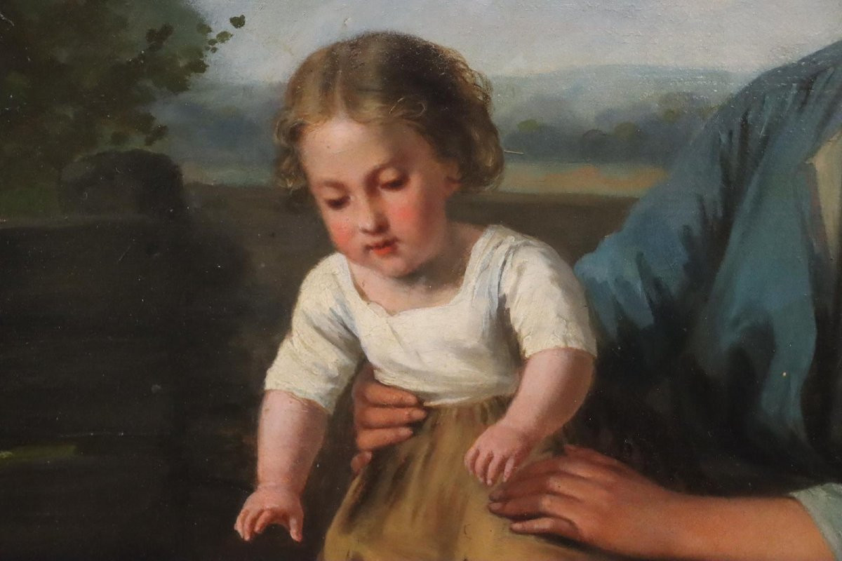 "le Petit Bonheur Familial" Huile Sur Toile Signée Jan Walraven (*1827)-photo-2