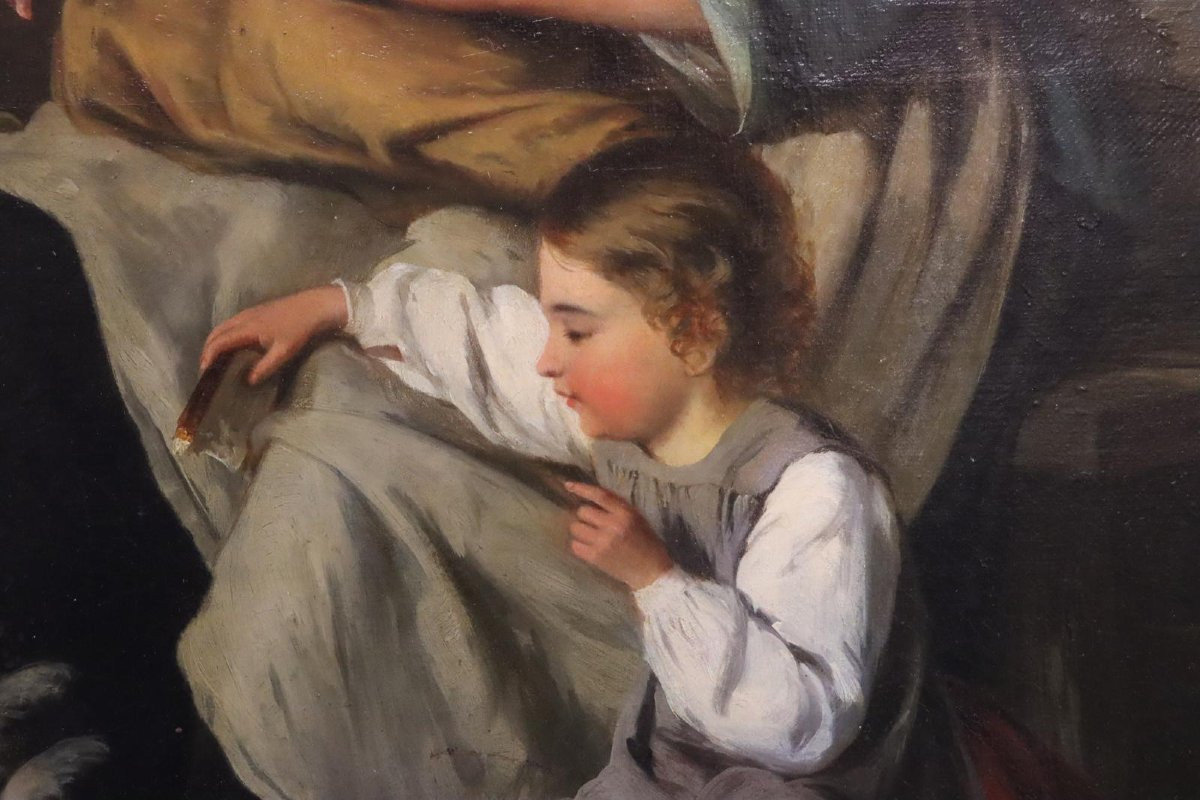 "le Petit Bonheur Familial" Huile Sur Toile Signée Jan Walraven (*1827)-photo-3