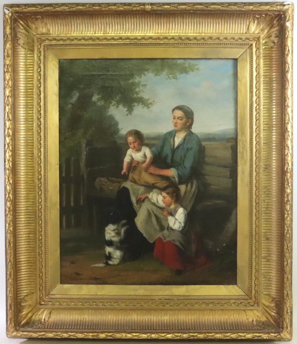 "le Petit Bonheur Familial" Huile Sur Toile Signée Jan Walraven (*1827)