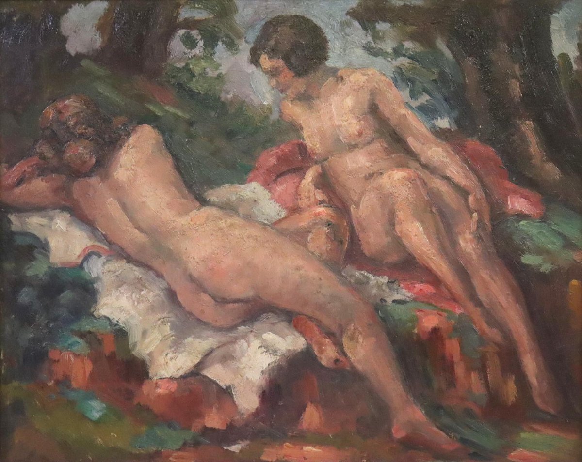 Nu Féminin & Sur La Plage Expressionnisme Peinture à l'Huile Peinte Des Deux Côtés Vers 1930-photo-2