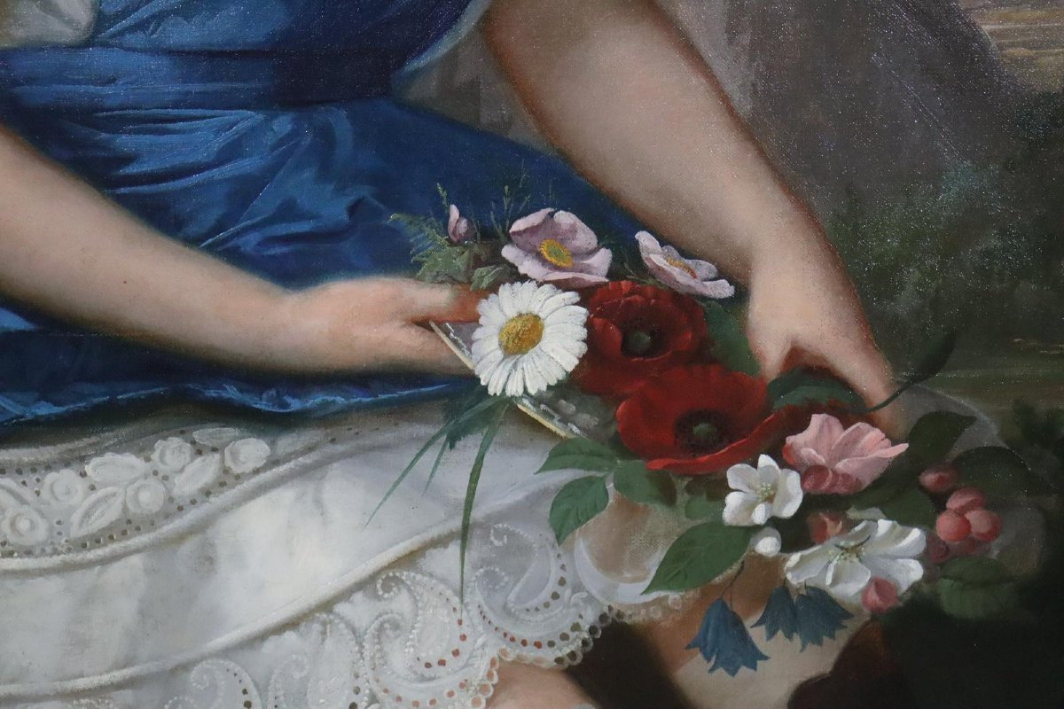 Portrait d'Une Jeune Fille, Portrait De Noblesse 126x112cm Peinture à l'Huile Vers 1850-photo-5