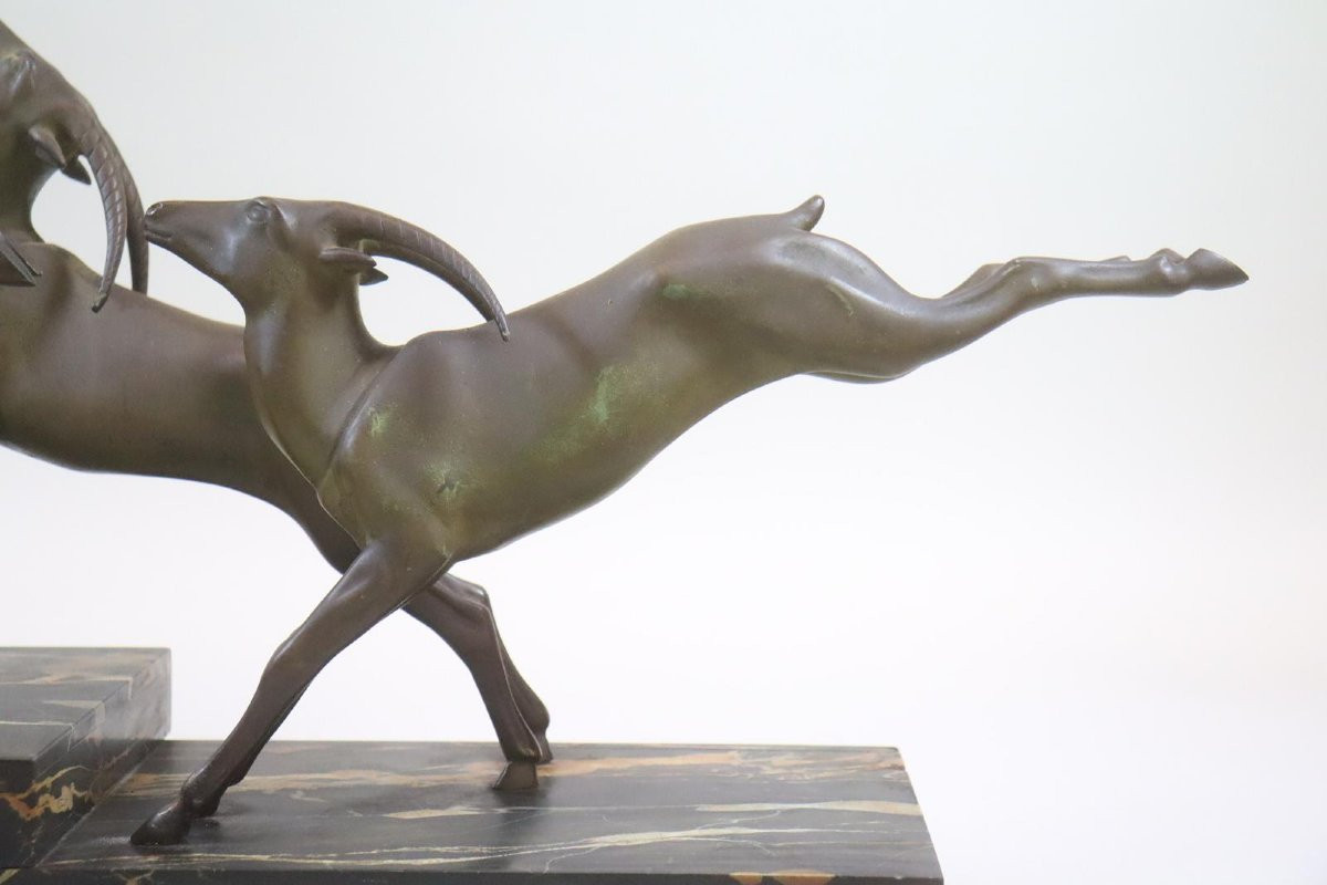 Gazelles Sauteuses 65 Cm Figurine En Bronze Sur Marbre Signée G. Daverny Vers 1920-photo-6