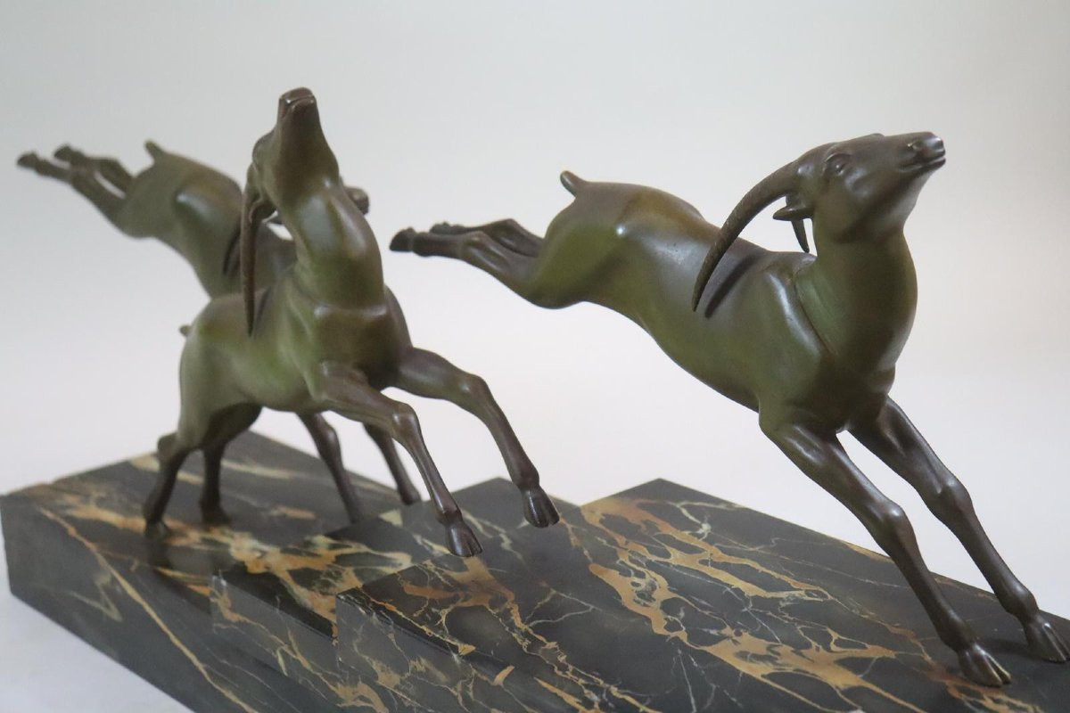 Gazelles Sauteuses 65 Cm Figurine En Bronze Sur Marbre Signée G. Daverny Vers 1920-photo-8