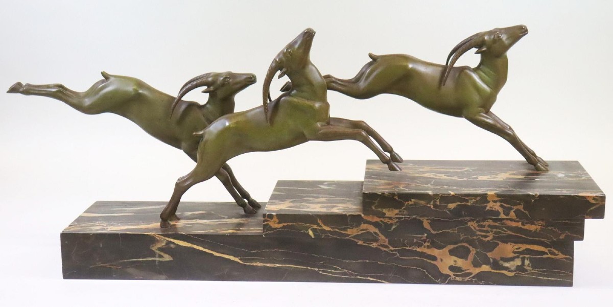 Gazelles Sauteuses 65 Cm Figurine En Bronze Sur Marbre Signée G. Daverny Vers 1920