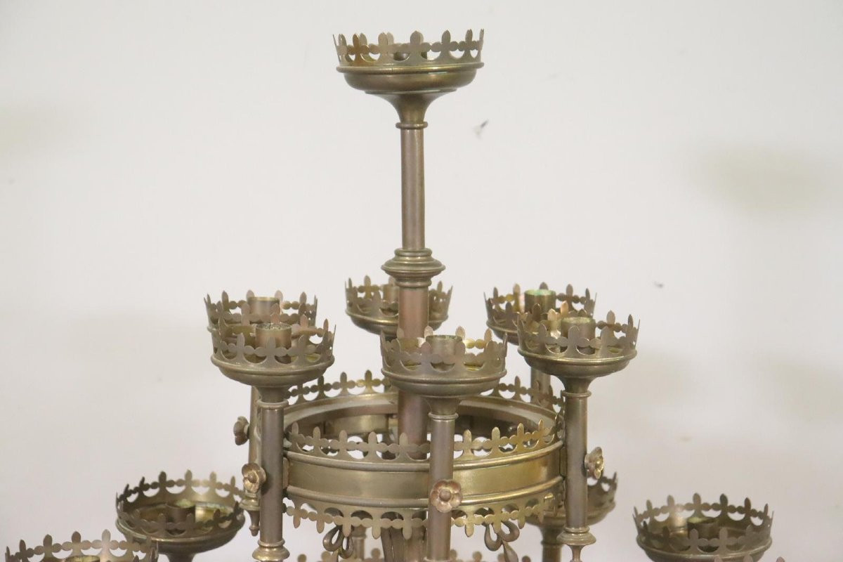 Lampadaire bougeoir néogothique en laiton de 127 cm, Liège 1912-photo-2