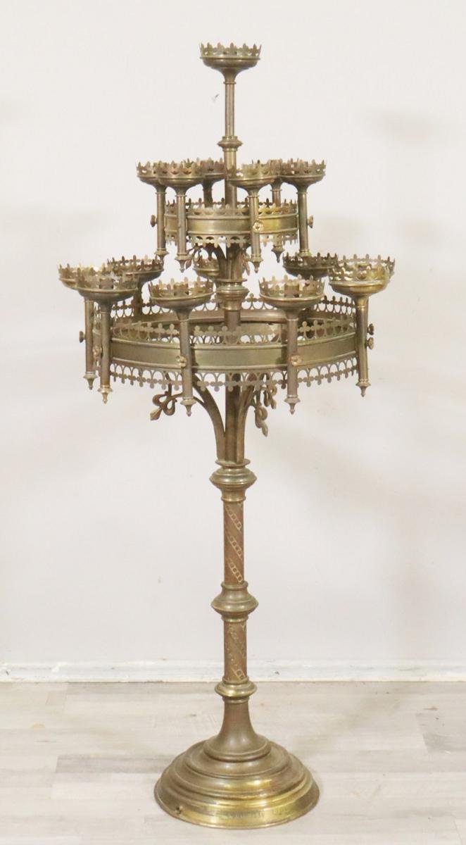 Lampadaire bougeoir néogothique en laiton de 127 cm, Liège 1912-photo-4