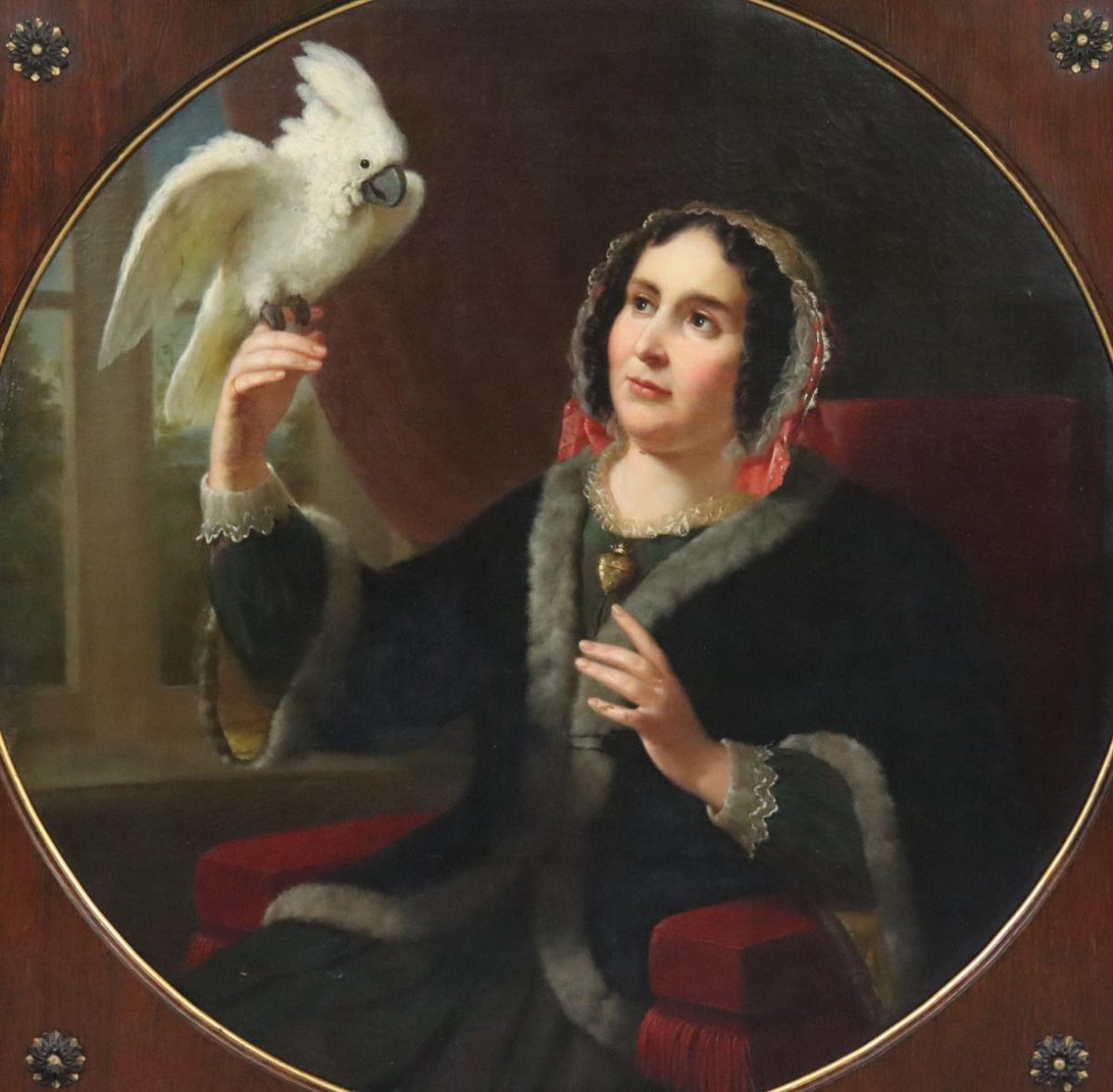 Portrait d'une dame noble avec un cacatoès 131x131cm Peinture à l'huile non signée vers 1810/20-photo-2