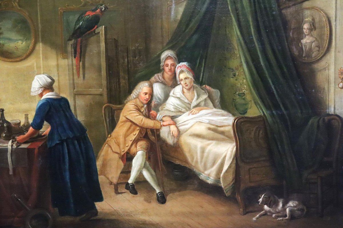 Scène dans le lit d'enfant Peinture à l'huile sur panneau de bois signée fin du XVIIIe siècle-photo-2