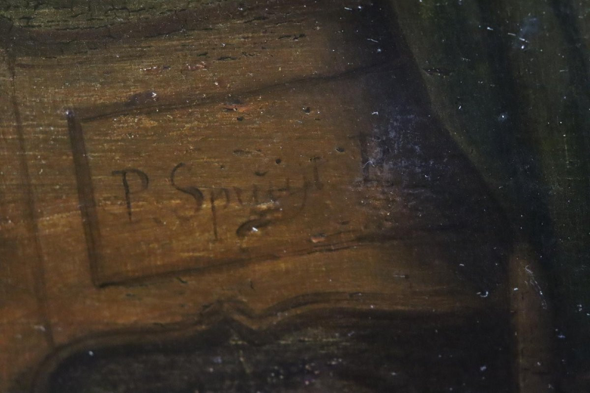 Scène dans le lit d'enfant Peinture à l'huile sur panneau de bois signée fin du XVIIIe siècle-photo-3