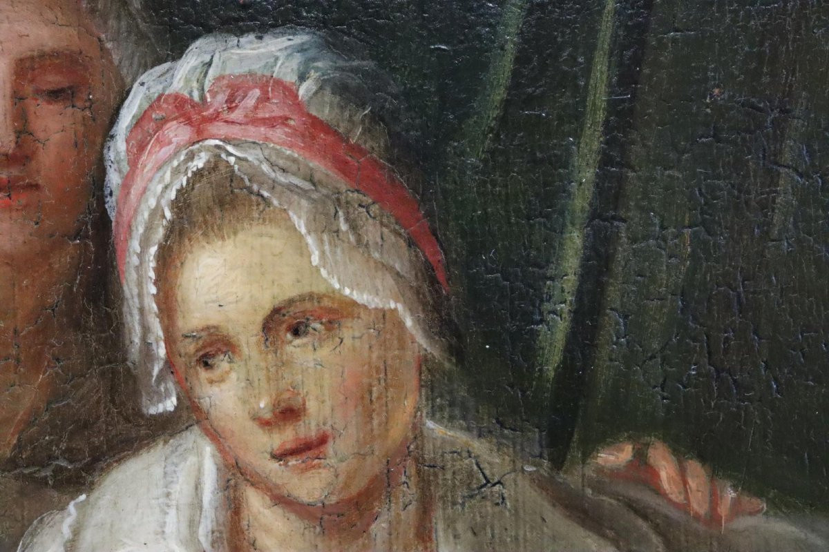 Scène dans le lit d'enfant Peinture à l'huile sur panneau de bois signée fin du XVIIIe siècle-photo-1