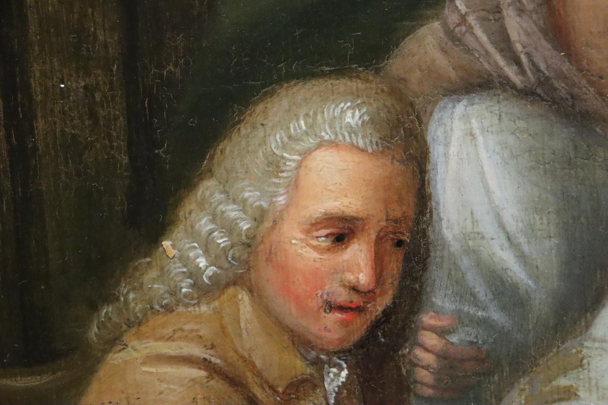 Scène dans le lit d'enfant Peinture à l'huile sur panneau de bois signée fin du XVIIIe siècle-photo-2